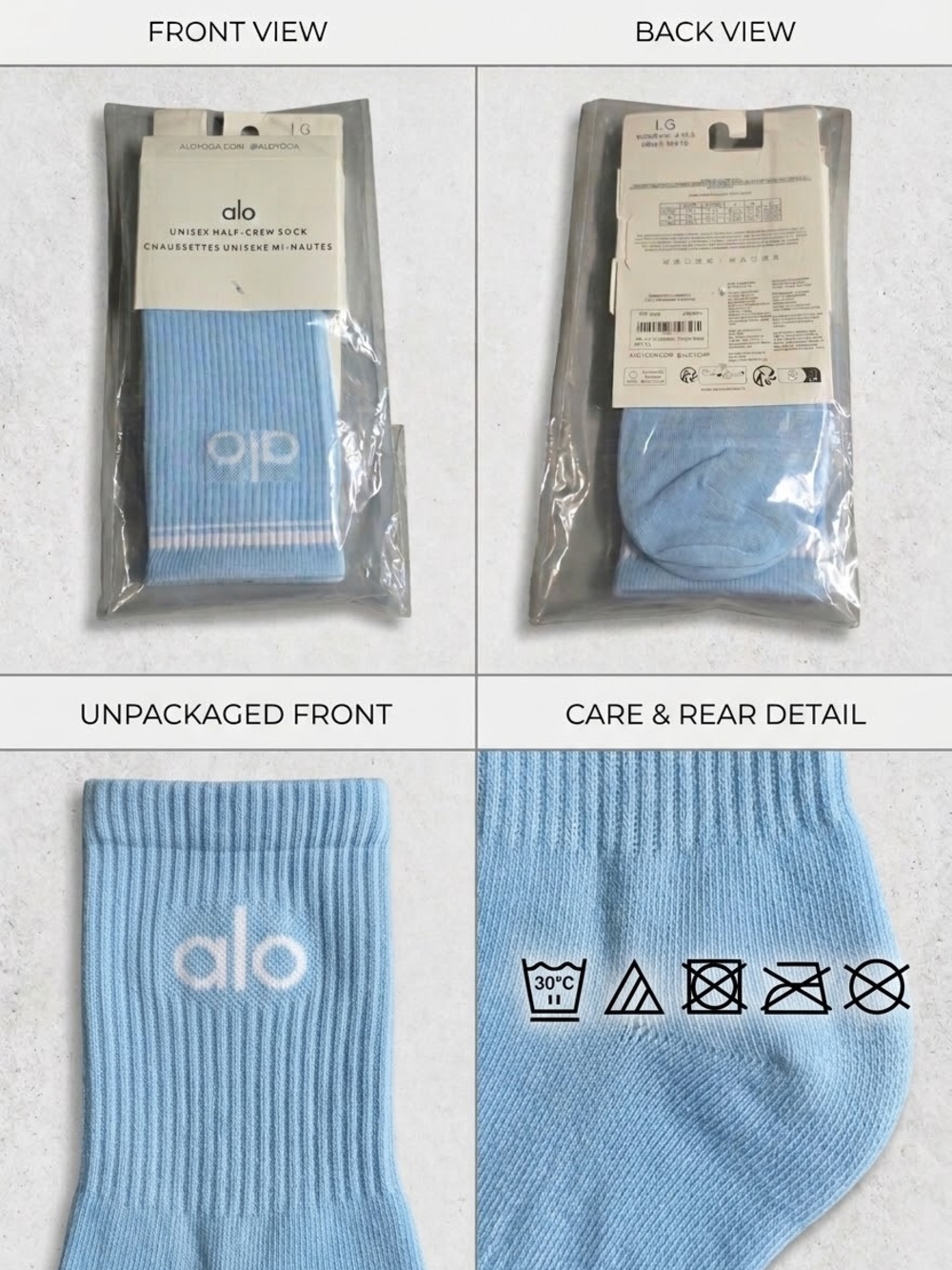 ALO Yoga Light Blue Ribbed Half-Crew Socks with White Logo